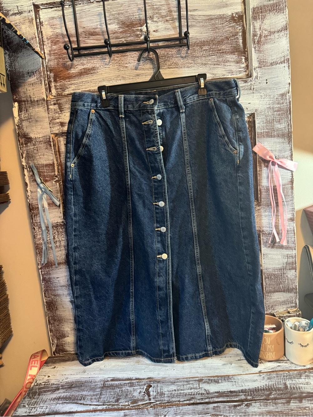 Old Navy Dark Blue Denim Button-Front Midi Skirt